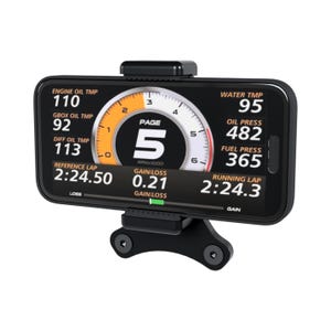 May include: A black smartphone mounted in a black holder displaying a digital dashboard interface. The screen shows engine oil, gearbox oil, and differential oil temperatures, water temperature, oil and fuel pressure, and lap timing data.