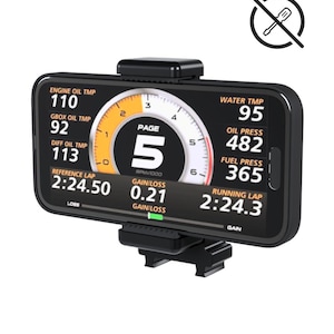 May include: A black digital gauge with a screen displaying engine oil, water, and fuel pressure readings. The screen also shows lap times and RPM. The gauge is mounted on a black bracket.