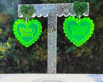 Spooky Bitch earrings | Halloween  | laser cut heart acrylic earrings