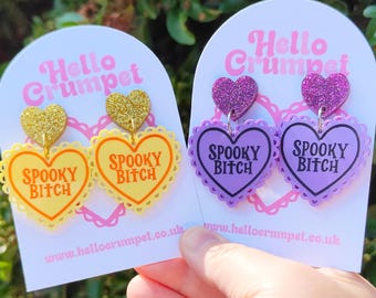 Spooky Bitch earrings | Halloween  | laser cut heart acrylic earrings