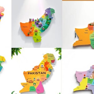 May include: A colorful map of Pakistan with each province highlighted in a different color. The map includes various landmarks and icons representing different cities and regions.