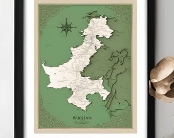 Lámina artística con mapa de Pakistán, arte de camiones desi, decoración en tonos pastel (descarga digital)