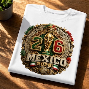 May include: A white t-shirt featuring a circular graphic with a gold-toned Aztec-inspired calendar design. The graphic includes the number 26, a gold FIFA World Cup trophy, the text MEXICO 2026, and small green, white, and red flag accents.