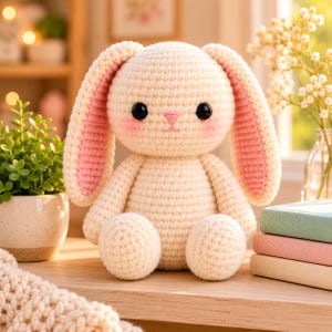 May include: A cream-colored crochet rabbit plush toy with long ears featuring pink inner sections, black plastic eyes, a small pink stitched nose, and soft pink blush accents on the cheeks. The stuffed animal has a round head and body.