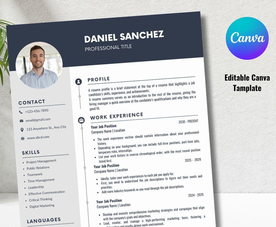 Modern Resume Template Canva With Cover Letter, | Editable Cv Template ...