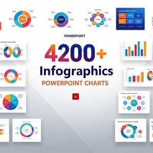 May include: A collection of PowerPoint infographics with various chart designs. The image features a white background with multiple charts in different colors and styles, including pie charts, bar graphs, and circular diagrams. The text reads "4200+ Infographics PowerPoint Charts."