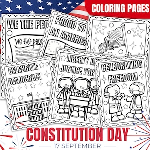 Pode incluir: Uma coleção de páginas para colorir em preto e branco com temas patrióticos. As páginas apresentam frases como "We the People", "Proud to be an American" e "Celebrate Democracy". As palavras "Constitution Day" e "17 September" também são visíveis.