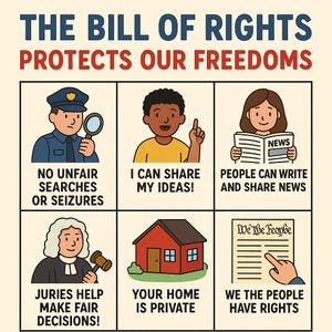 Puede incluir: Una colorida infografía titulada "La Declaración de Derechos protege nuestras libertades". Presenta seis paneles con ilustraciones y texto, incluyendo un oficial de policía, un niño, una persona leyendo un periódico, un juez, una casa y una mano señalando texto.