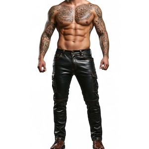 Genuine Black Leather Cargo Pants – Handmade Biker Trousers, Motorcycle Riding Pants for Men, Premium Streetwear Leather Pants Gift for Him