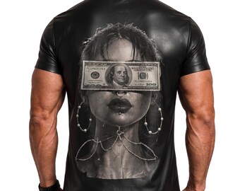 Mens Genuine Sheep Leather Personalized TShirt Handmade Custom Graphic Print Embroidered Tee Gifts