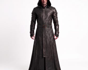 Black Sheep Leather Hooded Trench Coat Men Fantasy Cosplay Costume Long Cloak Armor LARP