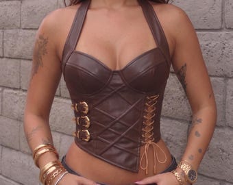 Leather Corset Top Women Sheep Leather Halter Bustier Buckle Lace Up Gothic Festival Costume Bodice