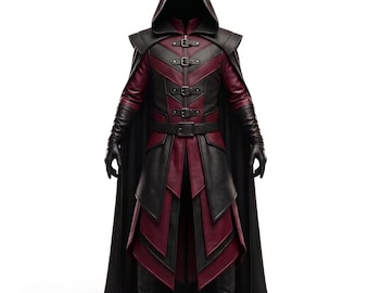 Men's Leather Assassin Costume, Hooded Fantasy Cloak, Medieval Warrior Coat, Halloween Cosplay Gothic Outfit