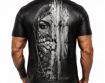 Handmade Genuine Sheep Leather T Shirt Men Embroidered Printed Gothic Streetwear Oversized Tee Top