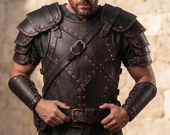 Men's Cowhide Black Leather Cuirass Armor, Medieval Knight Costume, LARP Warrior Cosplay