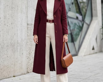 Burgundy Wool Coat Women - Long Winter Trench Overcoat - Elegant Maxi Coat Custom Fit