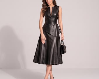 Women's Genuine Sheep Leather Midi Dress, Sleeveless Peplum A-Line, Handmade Cocktail Party Outfit
