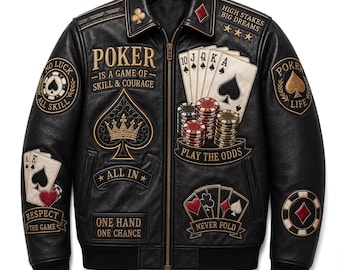Premium Poker Leather Jacket Men High Roller Casino Bomber Custom Embroidered Statement Coat Personalized Gift for Him