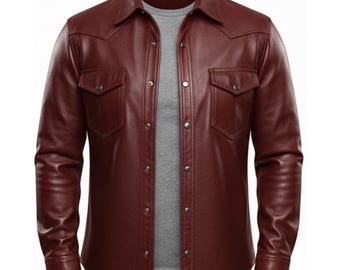 Men's Red Sheepskin Leather Shirt, Slim Fit Moto Style Shirt, Biker Style Custom Fit