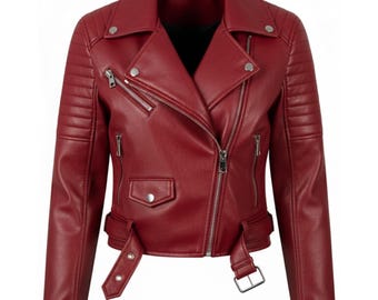 Chaqueta de motociclista de cuero rojo hecha a mano / Chaqueta corta de moto para mujer, corte ajustado, elegante regalo para ella