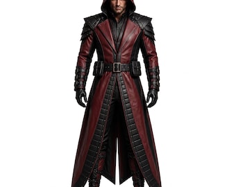 Mens Hooded Leather Warrior Coat, Gothic Grim Reaper Trench Coat, Armored Halloween Cosplay Costume
