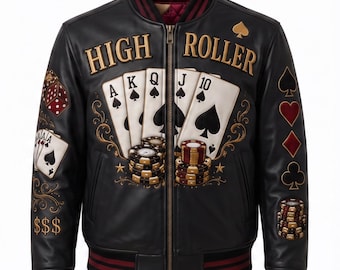 Custom Embroidered Poker Bomber Leather Jacket, Black Casino Print Coat, High Roller Personalized Gift for Him