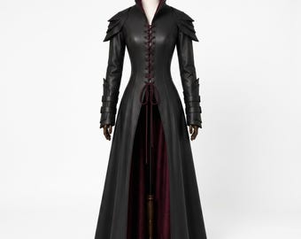 Womens Gothic Vampire Long Leather Coat, Victorian Queen Cloak, Halloween Cosplay Costume, Renaissance LARP Duster, Gift for Her