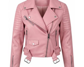 Chaqueta de cuero rosa para mujer, estilo motero, corta y ajustada, elegante chaqueta de moto, regalo para ella.