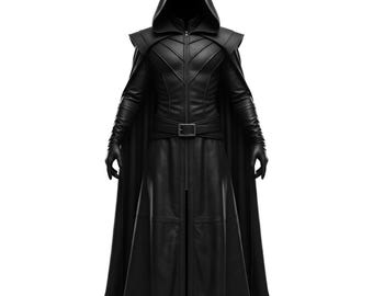 Men's Black Leather Hooded Armor Costume, LARP Assassin Outfit, Dark Fantasy Ren Faire Cloak