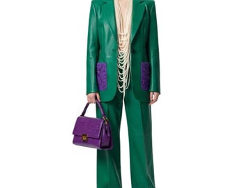 Conjunto de traje de cuero para mujer: blazer extragrande, pantalones de pierna ancha, conjunto de dos piezas de lujo a medida, atuendo verde para el Mardi Gras.