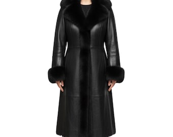 Gabardina de piel de oveja negra – Abrigo largo de invierno con cuello de piel – Abrigo cálido y llamativo – Trajes de cuero hechos a mano – Regalo para ella