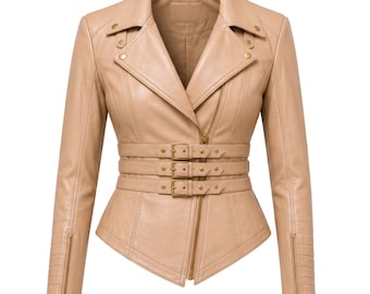 Handmade Women Fitted Leather Biker Jacket Slim Fit Belted Moto Style Zipper Jacket
