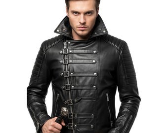 Handmade Black Genuine Leather Gothic Steampunk Jacket | Medieval Warrior Coat | Men’s Black Leather Moto Jacket, Gift for Him