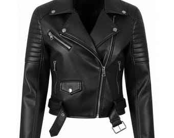 Women's Black Sheep Leather Moto Jacket - Women Cropped Moto Jacket Slim Fit Motorcycle Coat