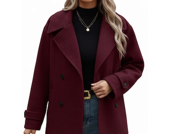 Gabardina de lana color granate para mujer: chaqueta de invierno, abrigo de lana cálido, abrigo cruzado de invierno, elegante y cómodo.
