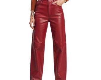 Pantaloni in pelle di pecora rossa fatti a mano – Pantaloni a vita alta e gamba dritta / Pantaloni in vera pelle / Regalo personalizzato per lei