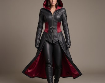 Women's Black Leather Hooded Coat, Gothic Warrior Assassin Overcoat, Red Lining, Custom Fit