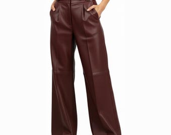 High Waisted Burgundy Leather Pants - Wide Leg Genuine Sheepskin Trousers - Premium Maroon Leather Trousers with Adjustable Side Buckles