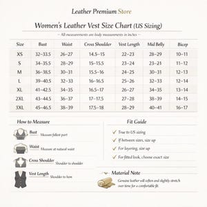 Women's Leather Vest Size Chart