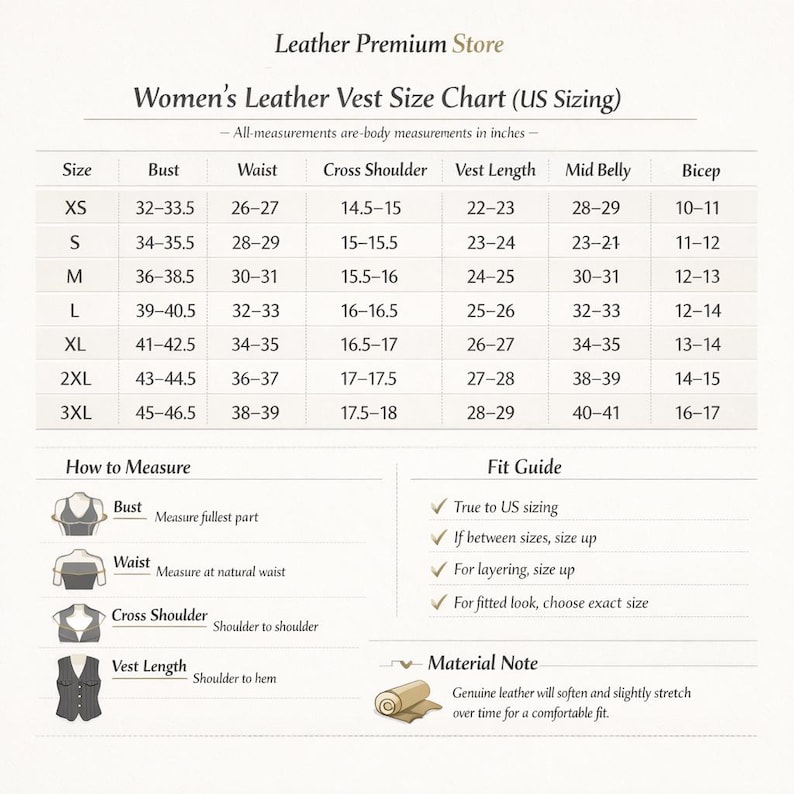 Women's Leather Vest Size Chart