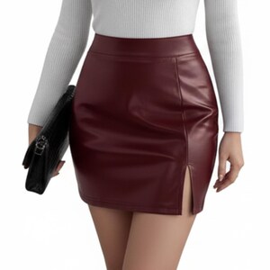 Women’s High Waist Genuine Sheep Leather Mini Skirt, Slim Fit Pencil Skirt with Side Slit, Real Leather Skirt | Womens Clothing Gift for Her