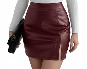 Women’s High Waist Genuine Sheep Leather Mini Skirt, Slim Fit Pencil Skirt with Side Slit, Real Leather Skirt | Womens Clothing Gift for Her