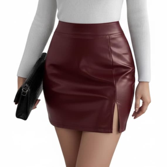 Women’s High Waist Genuine Sheep Leather Mini Skirt, Slim Fit Pencil Skirt with Side Slit, Real Leather Skirt | Womens Clothing Gift for Her