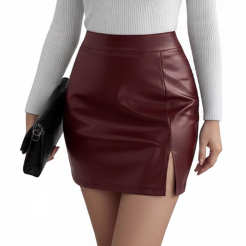 Women’s High Waist Genuine Sheep Leather Mini Skirt, Slim Fit Pencil Skirt with Side Slit, Real Leather Skirt | Womens Clothing Gift for Her