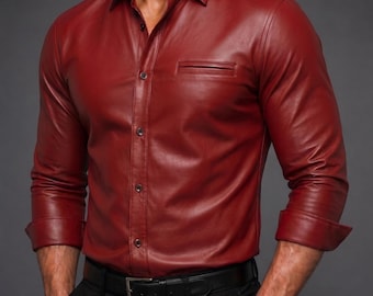 Handmade Genuine Sheep Leather Shirt - Men's Slim Fit Red Biker Clubwear - Gift for Him