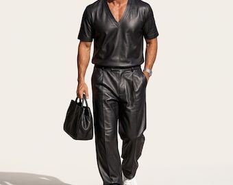 Mens Sheepskin Leather Two Piece Set, V-Neck TShirt, Wide Leg Pants, Casual Outfit