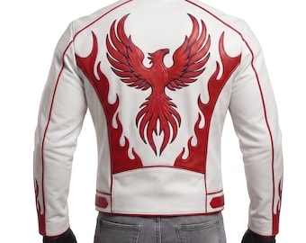 Mens White Black Leather Jacket, Phoenix Flame Embroidered Biker Coat, Genuine Motorcycle Streetwear Gift
