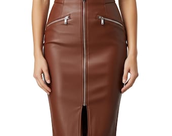 Falda lápiz de cuero marrón para mujer, falda de cuero genuino de talle alto, falda con cremallera frontal, estilo boho, regalo para esposa o novia.