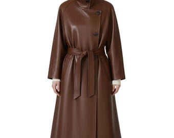 Handmade Brown Sheepskin Leather Trench Coat - Long Leather Jacket - Custom Fit Luxury Overcoat