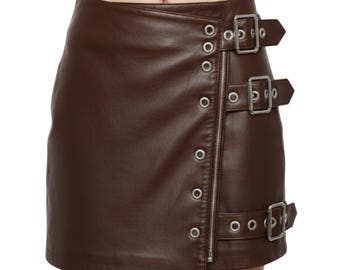 Minifalda de cuero marrón / Falda corta para mujer, falda punk gótica de talle alto con cremallera, conjunto urbano.
